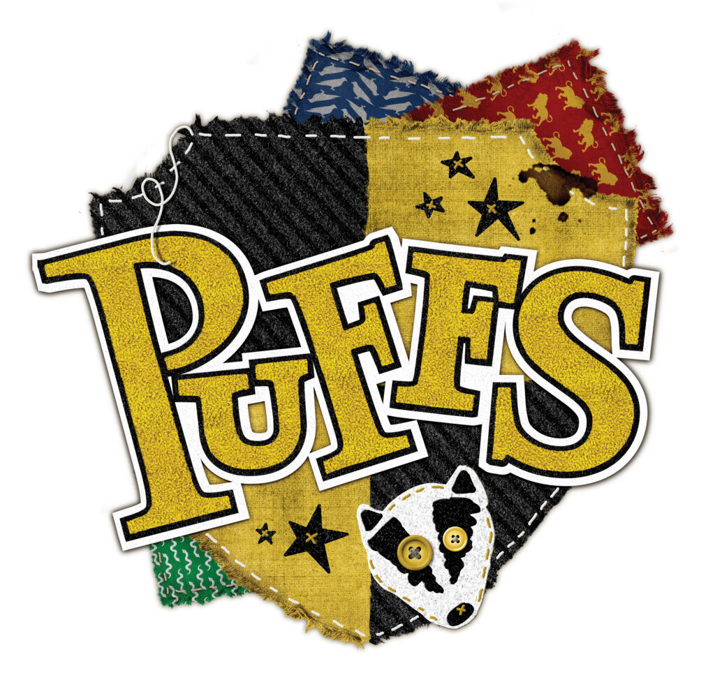 Logo for "Puffs," featuring colorful patchwork and a badger emblem, with bold yellow lettering.