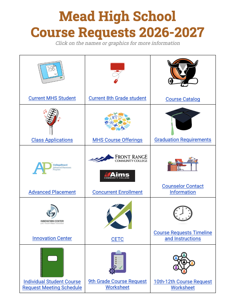 Image shows a grid of course request links for Mead High School, detailing options for students and resources for 2026-2027.