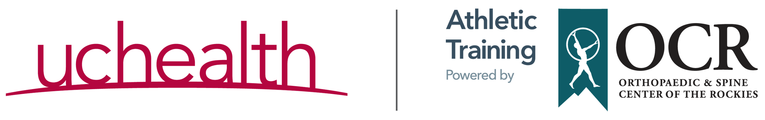 Logos of UCHealth and Orthopaedic & Spine Center of the Rockies for athletic training partnership.